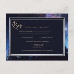 Starry Night Galaxy Wedding RSVP Navy Gold Postkarte