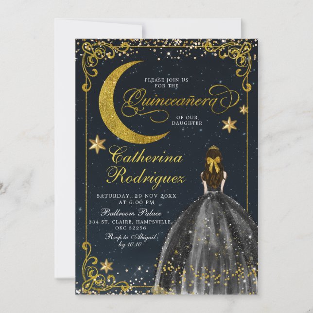 Starry Night Gold und Black Quinceanera Einladung (Vorderseite)