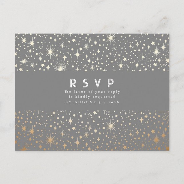 Starry Night Gray and Gold Wedding RSVP Postkarte (Vorderseite)