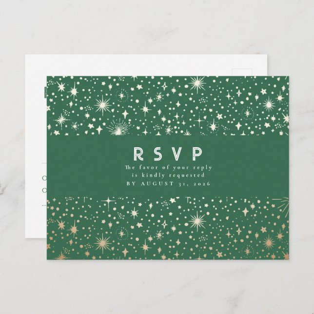 Starry Night Green and Gold Wedding RSVP Postkarte (Vorne/Hinten)