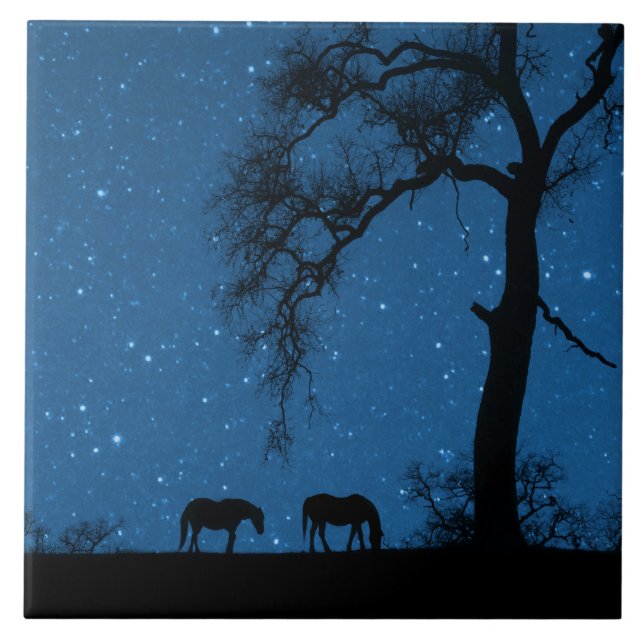 Starry Night Horses and Oak Art Fliese (Vorderseite)
