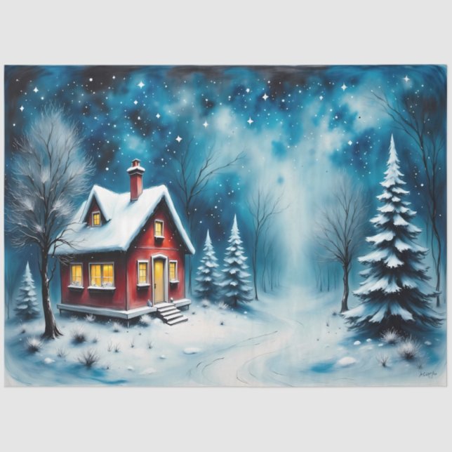 Starry Night Hütte Winter Wonderland Decoupage Seidenpapier (Vorderseite)