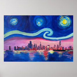 Starry Night in Chicago Illinois mit Lake Michiga Poster