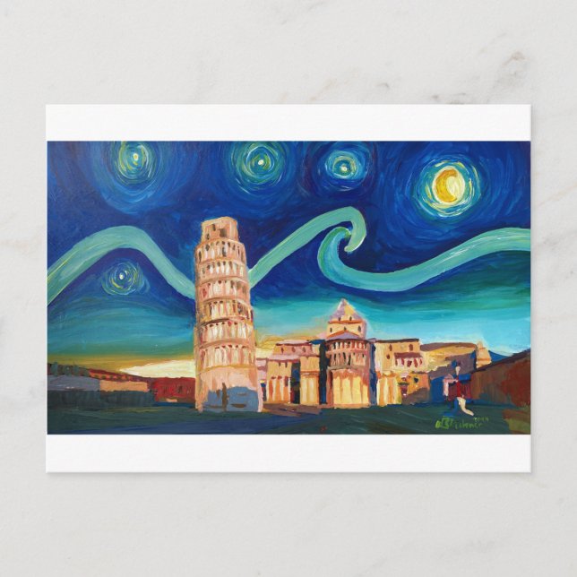 Starry Night in Pisa mit Schiefer Tower Postkarte (Vorderseite)
