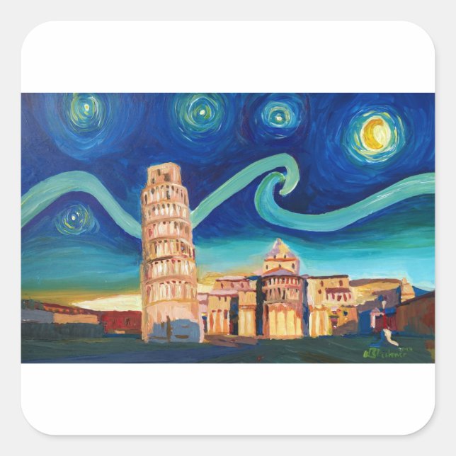 Starry Night in Pisa mit Schiefer Tower Quadratischer Aufkleber (Vorderseite)