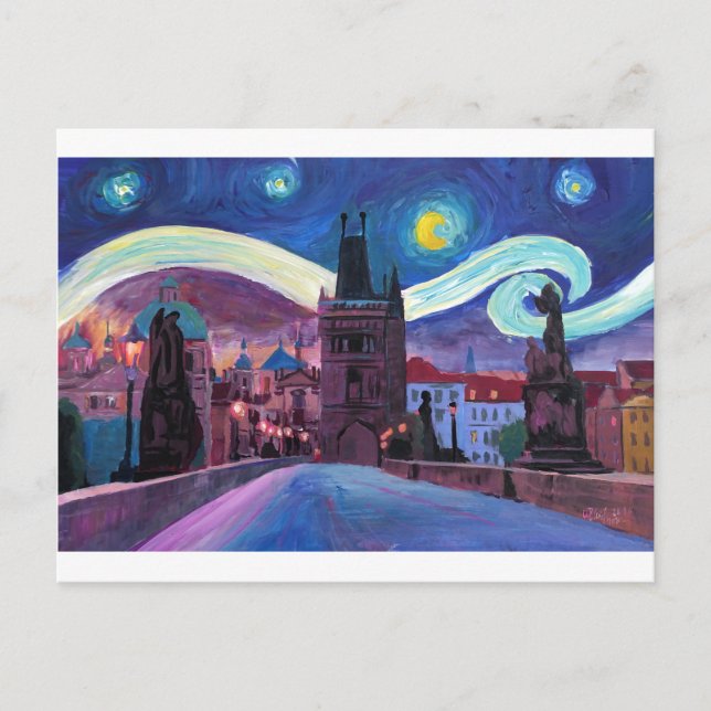 Starry Night in Prag mit Carlsbridge Postkarte (Vorderseite)