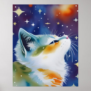 Starry Night Kitty Watercolor Poster