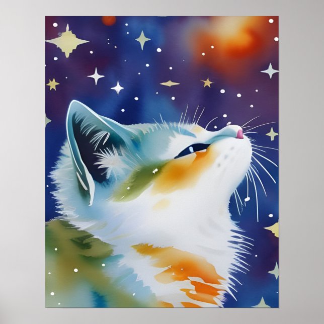 Starry Night Kitty Watercolor Poster (Vorne)