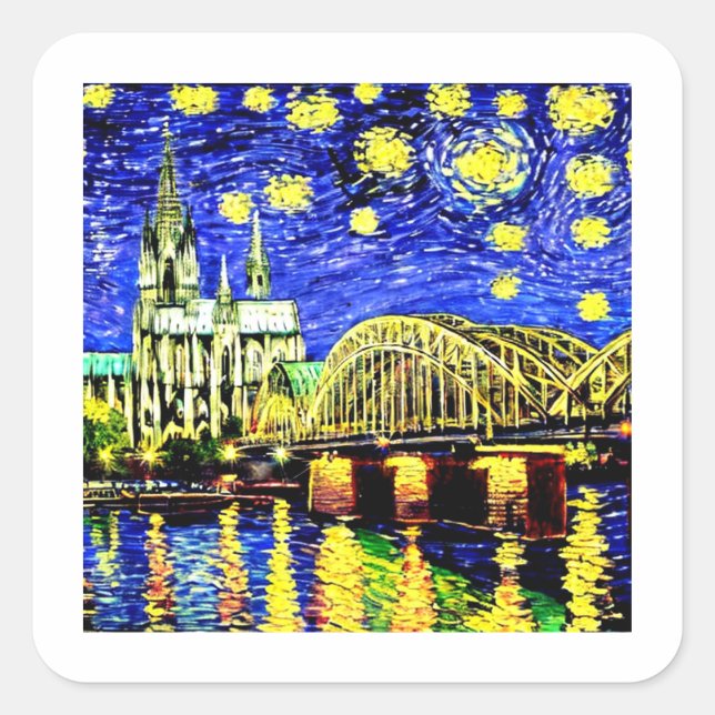Starry Night Köln Dom Deutschland Quadratischer Aufkleber (Vorderseite)