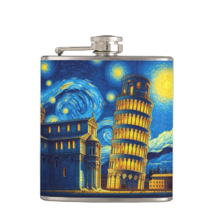Starry Night Leaning Tower von Pisa Italien Flachmann