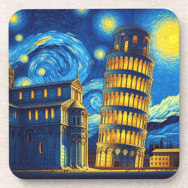 Starry Night Leaning Tower von Pisa Italien Getränkeuntersetzer (Vorderseite)