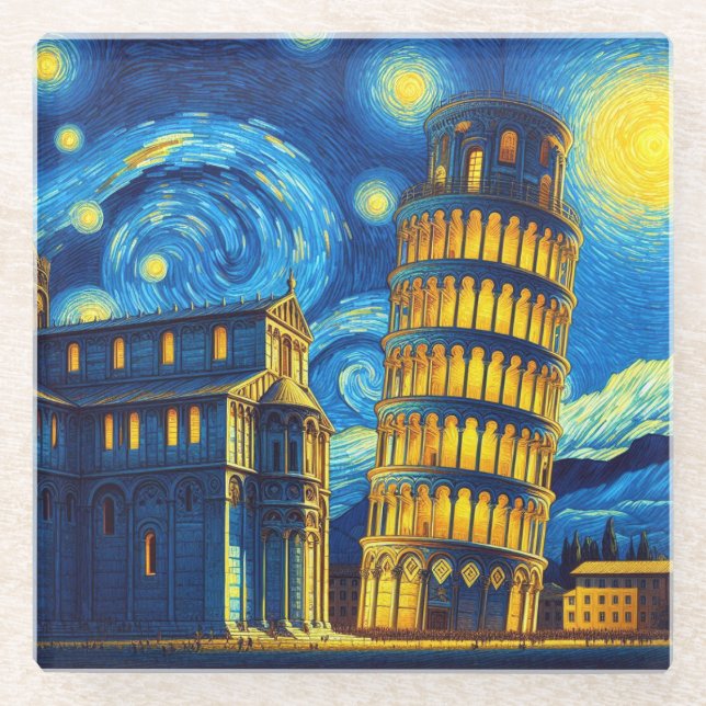 Starry Night Leaning Tower von Pisa Italien Glasuntersetzer (Vorderseite)
