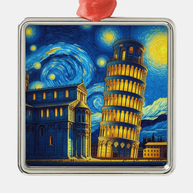 Starry Night Leaning Tower von Pisa Italien Ornament Aus Metall (Vorne)