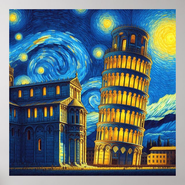 Starry Night Leaning Tower von Pisa Italien Poster (Vorne)