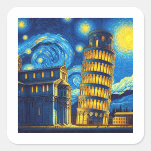 Starry Night Leaning Tower von Pisa Italien Quadratischer Aufkleber