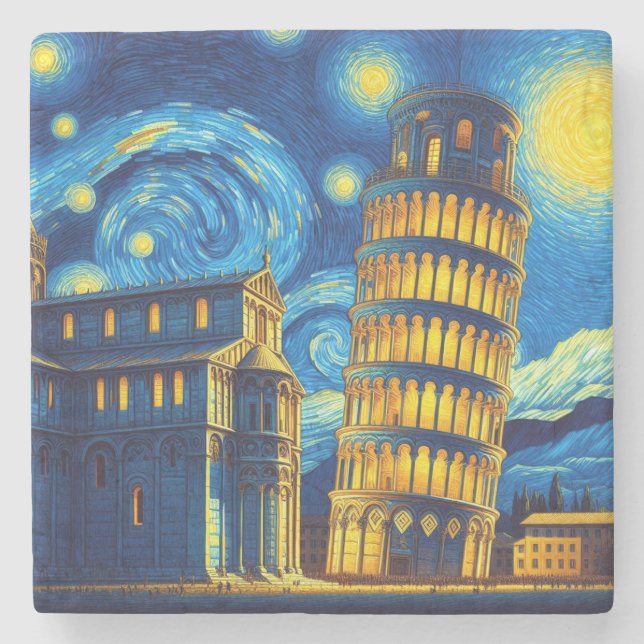 Starry Night Leaning Tower von Pisa Italien Steinuntersetzer (Vorderseite)