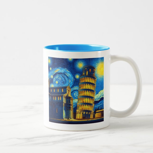 Starry Night Leaning Tower von Pisa Italien Zweifarbige Tasse (Rechts)