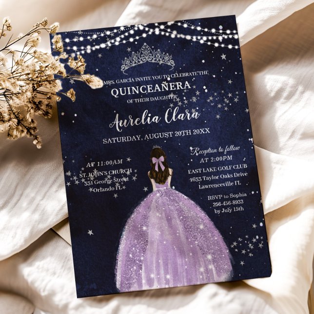 Starry Night Lila Lilac Dress Silver Quinceañera Einladung (starry night quinceanera invitation printed cards digital download princess purple lilac dress )