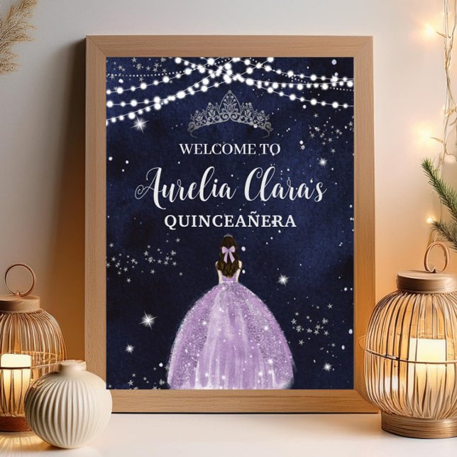 Starry Night Lila Lilac Dress Silver Quinceañera Poster (starry-night-silver-fairy-lights-purple-lilac-dress-princess-girl-quinceanera-sweet-16-birthday-sign)