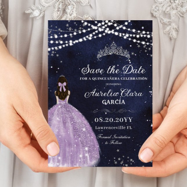 Starry Night Lila Lilac Gown Silver Quinceañera Save The Date (starry night quinceanera sweet 16 birthday purple lilac dress dark sky save the date cards )