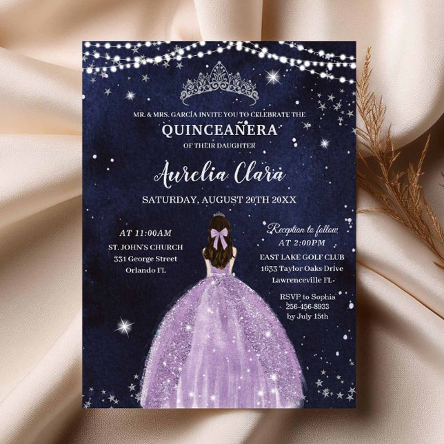 Starry Night Lila Lilac Quinceañera Einladung (starry-night-under-the-stars-purple-lilac-dress-silver-quinceanera-sweet-16-invitation-magnetic-card)