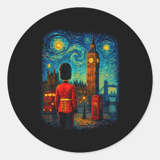 Starry Night London Red Telephone Box Queen's Guar Runder Aufkleber (Vorderseite)