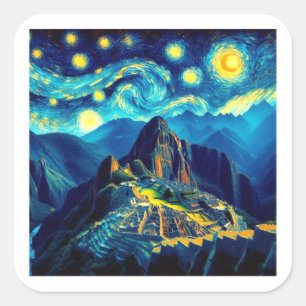 Starry Night Machu Picchu Peru Quadratischer Aufkleber