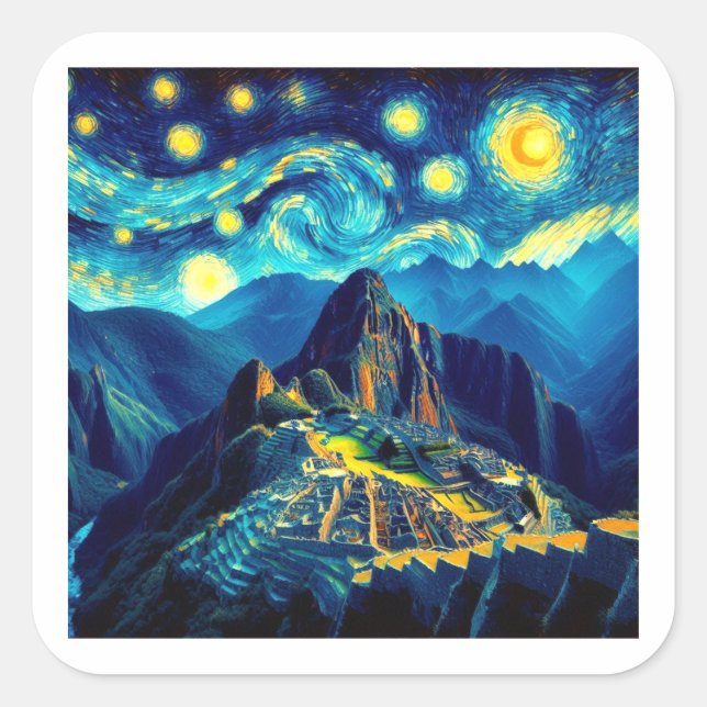 Starry Night Machu Picchu Peru Quadratischer Aufkleber (Vorderseite)