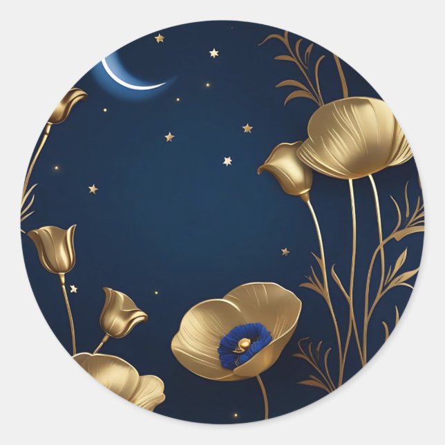 Starry Night mit Gold Crescent Moon Runder Aufkleber (Vorderseite)