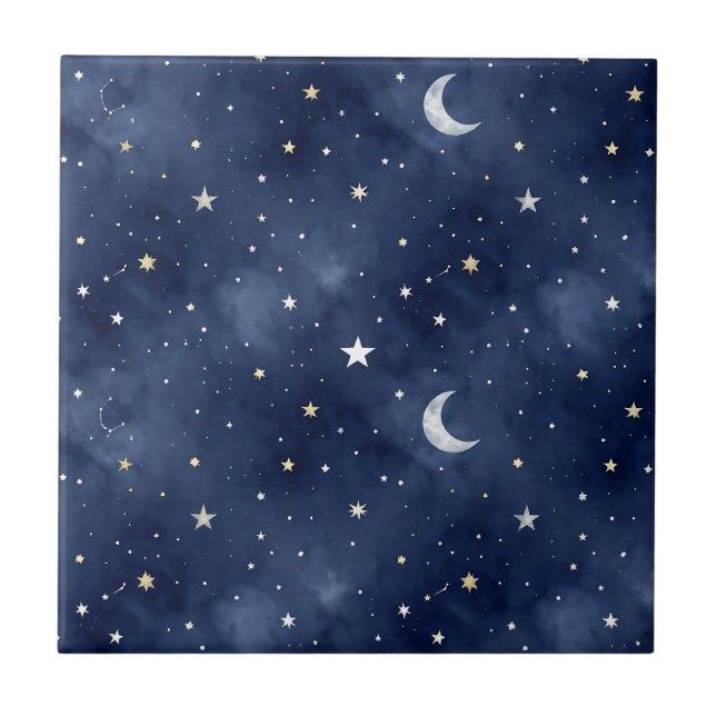 Starry Night Moon Constellations Pattern Fliese (Vorderseite)