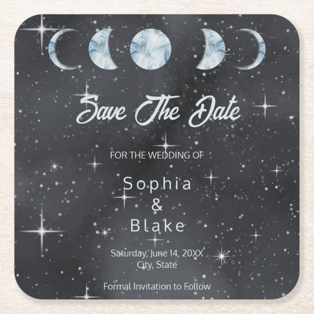 Starry Night Moon Phases Celestial Save the Date Rechteckiger Pappuntersetzer (Vorderseite)