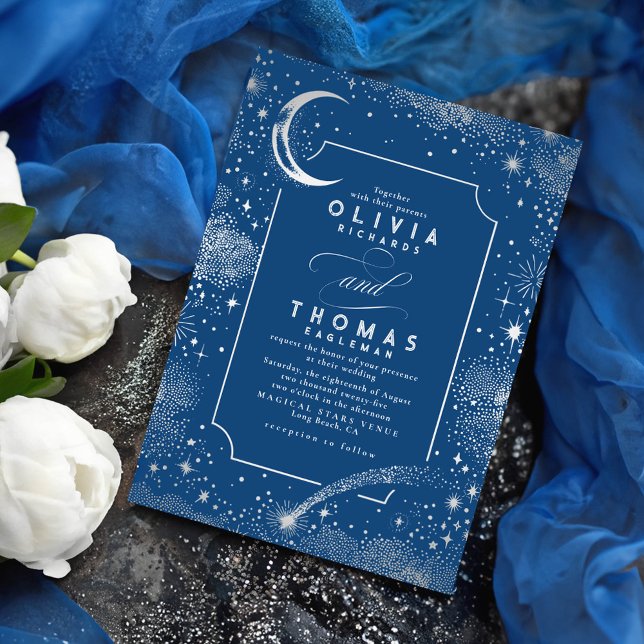 Starry Night Moon Shooting Star Celestie Wedding Einladung (Silver and Navy Blue Celestial Wedding Invitations)