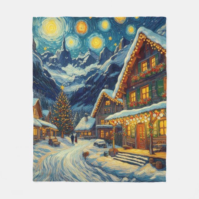 Starry Night Mountain Village Weihnachten Fleecedecke (Vorderseite)
