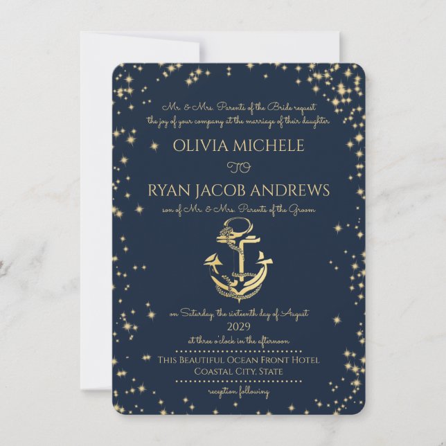 Starry Night Nautical Anchor Beach Hochzeit Einladung (Vorderseite)