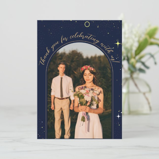 Starry Night Navy Blue Arch Celestial Foto Dankeskarte (Stehend Vorderseite)