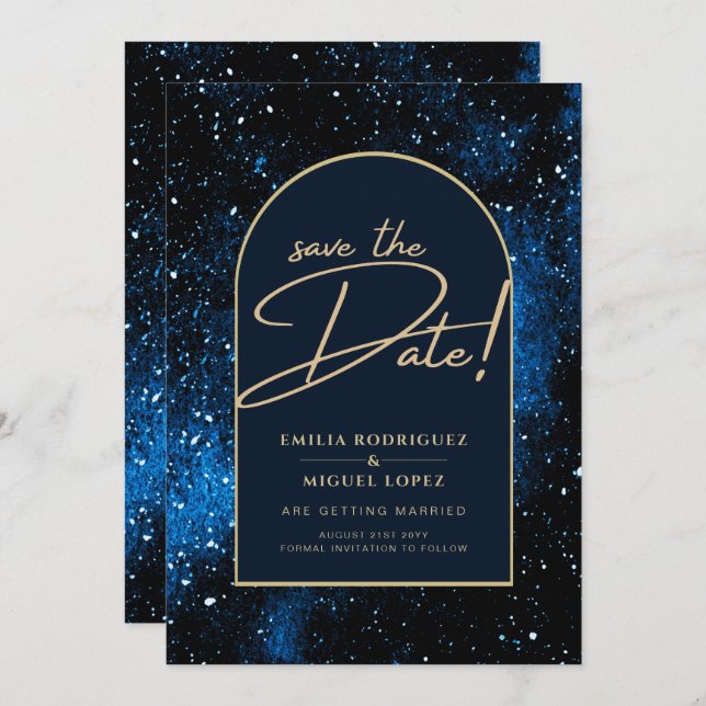 Starry Night Navy Blue Gold Wedding SAVE DATE Einladung (Vorne/Hinten)