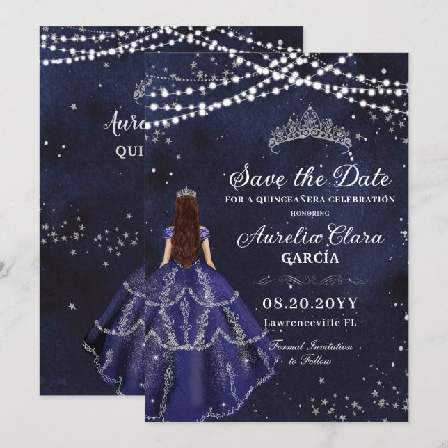 Starry Night Navy Blue Gown Silver Quinceañera Save The Date (Vorne/Hinten)