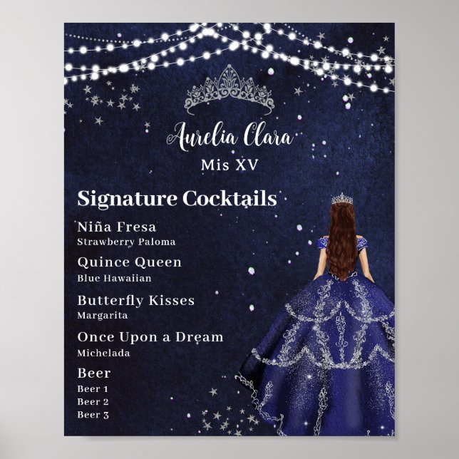 ?Starry Night Navy Blue Quinceanera Bar Drink Menu Poster (Vorne)
