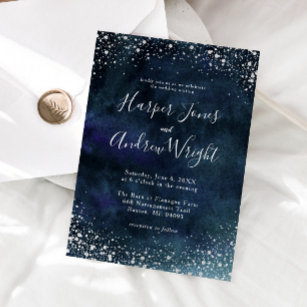 Starry Night Navy Blue Silver Glitzer Hochzeit Einladung