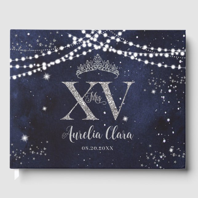 Starry Night Navy Blue Silver Quinceañera Geburtst Gästebuch (Vorderseite)
