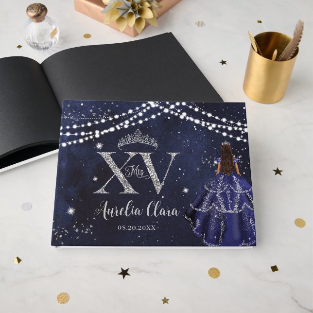 Starry Night Navy Blue Silver XV 15 Quinceanera Gästebuch (Vorderseite Offen)