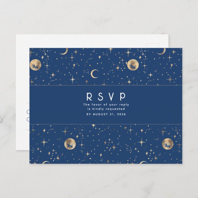 Starry Night Navy Blue und Gold Wedding RSVP Postkarte (Vorne/Hinten)