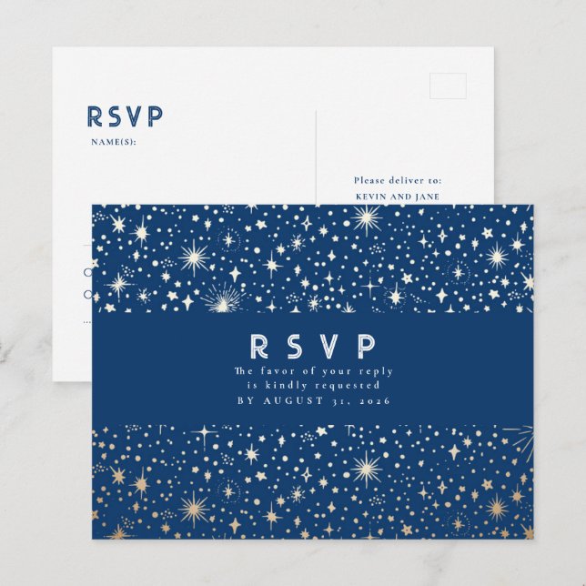 Starry Night Navy Blue und Gold Wedding RSVP Postkarte (Vorne/Hinten)
