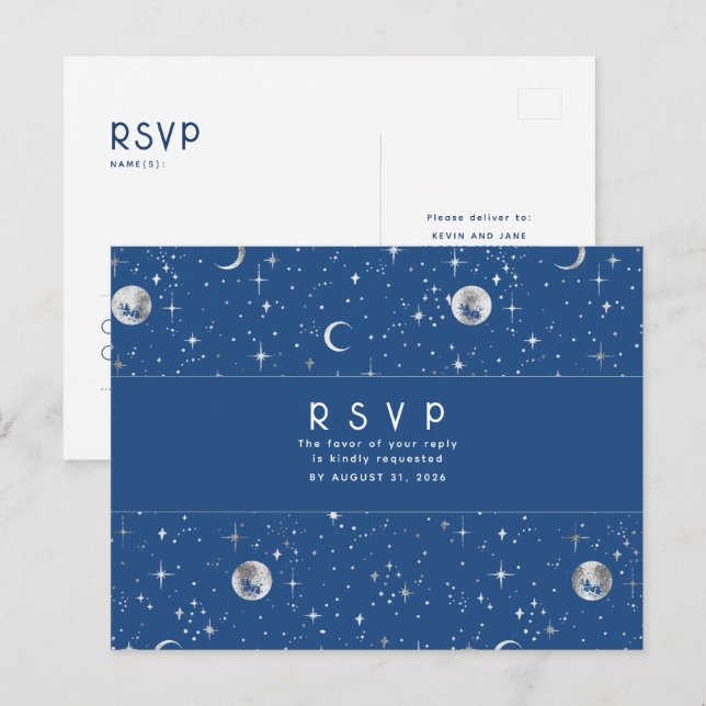 Starry Night Navy Blue und Silver Wedding RSVP Postkarte (Vorne/Hinten)