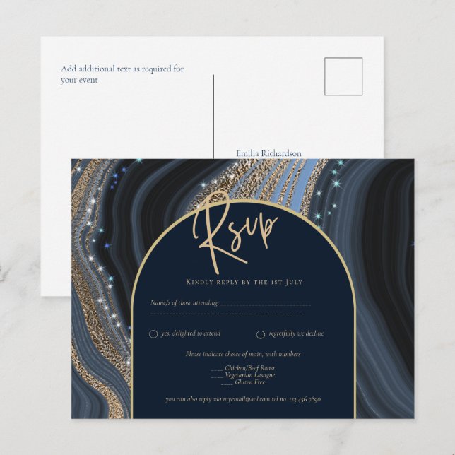 Starry Night Navy Gold Agate Wedding RSVP Postkarte (Vorne/Hinten)