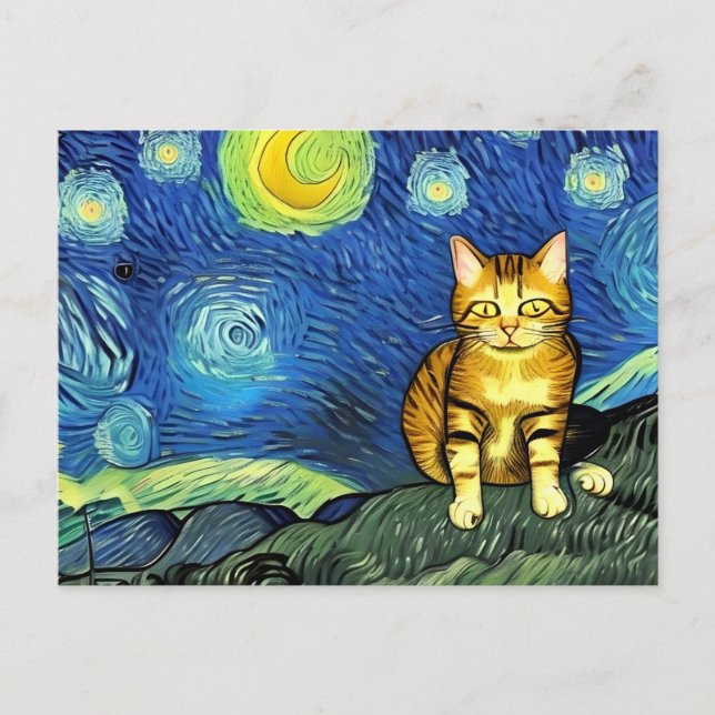 Starry Night Niedlich Vincent Van Gogh Cat Postkarte (Vorderseite)