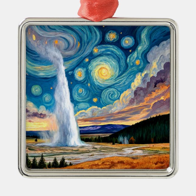 Starry Night Old Faithful Yellowstone Park Ornament Aus Metall (Vorne)