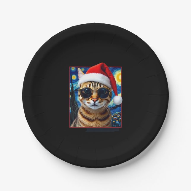 Starry Night Orange Tabby Cat Christmas Pappteller (Vorderseite)