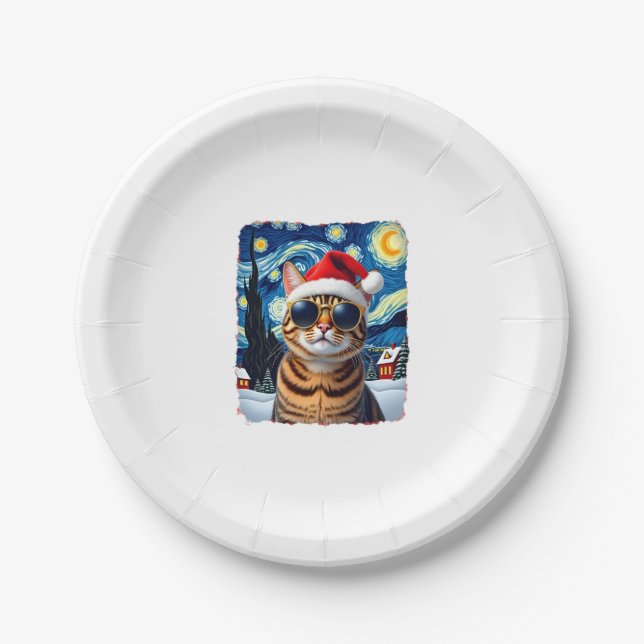 Starry Night Orange Tabby Cat Christmas Pappteller (Vorderseite)