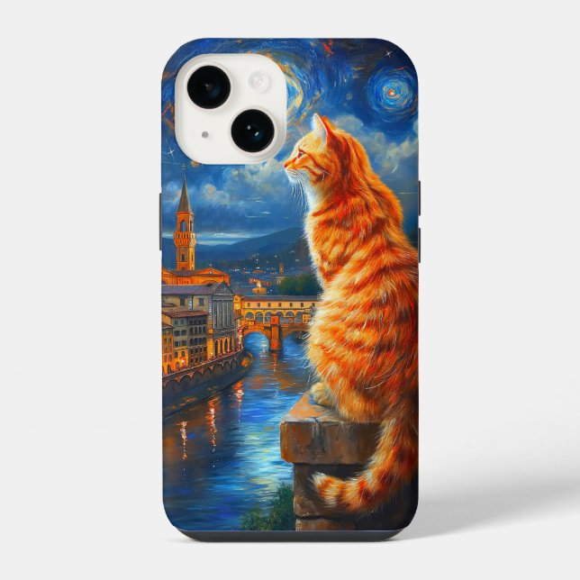 Starry Night Over Florence | Ginger Cat Art iPhone Hülle (Rückseite)